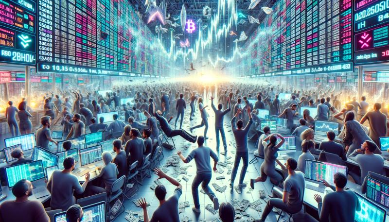 A bustling stock exchange floor with large boards displaying stock statuses. Many people are running or standing, creating a chaotic atmosphere